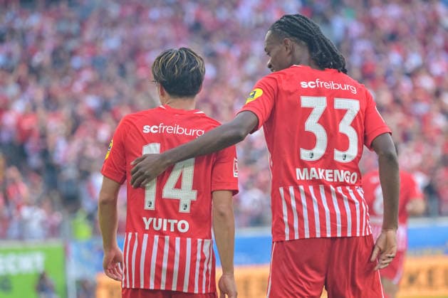 Jubel zum Tor zum 3:0 durch Yuito Suzuki (SC Freiburg, 14) mit Jordy Makengo (SC Freiburg, 33) GER, SC Freiburg vs Werder Bremen, Fussball, Bundesliga, 1. Spieltag, Saison 2026 2027, 30.08.2026 DFL DFB REGULATIONS PROHIBIT ANY USE OF PHOTOGRAPHS AS IMAGE SEQUENCES AND OR QUASI-VIDEO GER, SC Freiburg vs Werder Bremen, Fussball, Bundesliga, 1. Spieltag, Saison 2026 2027, 30.08.2026 Freiburg *** Celebration of the 3-0 goal by Yuito Suzuki (SC Freiburg, 14) with Jordy Makengo (SC Freiburg, 33), Germany; SC Freiburg vs. Werder Bremen, soccer, Bundesliga, Matchday 1, 2026–2027 season, August 30, 2026 DFL DFB regulations prohibit any use of photographs as image sequences and or quasi-video GER, SC Freiburg vs. Werder Bremen, Soccer, Bundesliga, Matchday 1, 2026–2027 season, August 30, 2026, Freiburg Copyright: xEibner-Pressefotox EP_THS