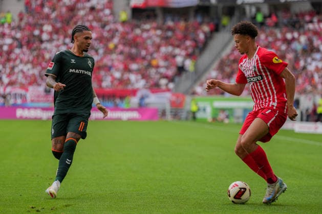 1. Bundesliga: SC Freiburg vs SV Werder Bremen, 30.08.2026 Zweikampf zwischen Justin Njinmah (SV Werder Bremen, 11) und Derry Scherhant (SC Freiburg, 7) 1. Bundesliga: SC Freiburg vs SV Werder Bremen, Europa-Park-Stadion, 30.08.2026 DFB DFL REGULATIONS PROHIBIT ANY USE OF PHOTOGRAPHS AS IMAGE SEQUENCES AND OR QUASI-VIDEO. *** 1 Bundesliga: SC Freiburg vs. SV Werder Bremen, August 30, 2026; Tackle between Justin Njinmah (SV Werder Bremen, 11) and Derry Scherhant (SC Freiburg, 7); 1 Bundesliga: SC Freiburg vs. SV Werder Bremen, Europa-Park Stadium, August 30, 2026 DFB and DFL regulations prohibit any use of photographs as image sequences and or quasi-video. Copyright: xBEAUTIFULxSPORTS Boscox