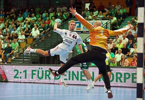 30.08.2026, xovx, Handball Opel Handball-Bundesliga, HSG Wetzlar - SG BBM Bietigheim v.l. Mathias Larson (SG BBM Bietigheim), Bart Ravensbergen (HSG Wetzlar) Wetzlar Buderus Arena Hessen Deutschland (DE)