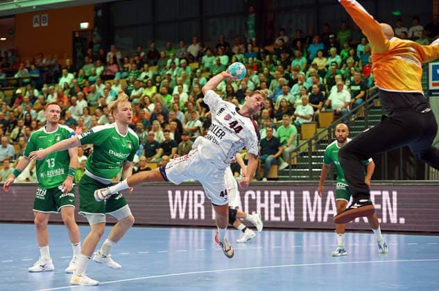30.08.2026, xovx, Handball Opel Handball-Bundesliga, HSG Wetzlar - SG BBM Bietigheim v.l. Tomas Piroch (HSG Wetzlar), Georg Löwen (HSG Wetzlar), Mathias Larson (SG BBM Bietigheim), Bart Ravensbergen (HSG Wetzlar) Wetzlar Buderus Arena Hessen Deutschland (DE)