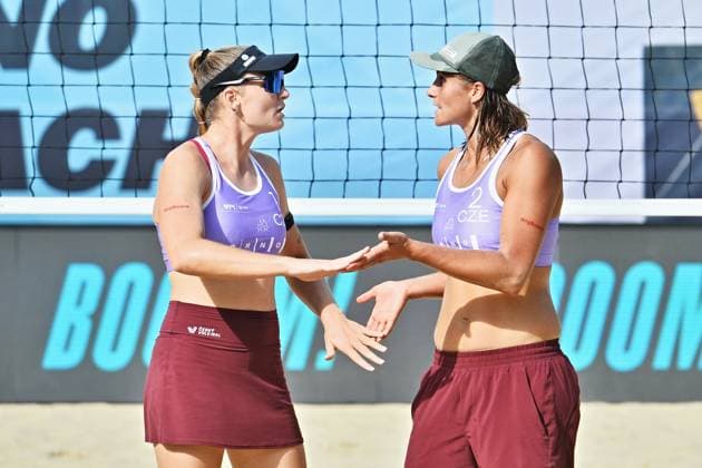 From left Kylie Neuschaferova and Martina Maixnerova from Czech Republic react during the World Beach volleyball, Beachvolleyball Pro Tour, category Futures, on August 30, 2026, in Brno, Czech Republic. (CTKxPhoto PatrikxUhlir) CTKPhotoP2026083003882  CTKPhotoP2026083003882