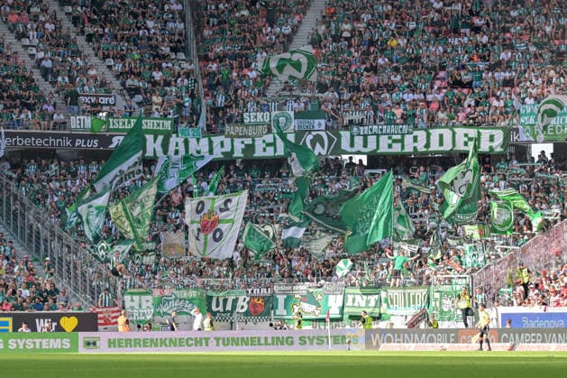 Werder Bremen Fans waehrend des Spiels in Freiburg. GER, SC Freiburg vs Werder Bremen, Fussball, Bundesliga, 1. Spieltag, Saison 2026 2027, 30.08.2026 DFL DFB REGULATIONS PROHIBIT ANY USE OF PHOTOGRAPHS AS IMAGE SEQUENCES AND OR QUASI-VIDEO GER, SC Freiburg vs Werder Bremen, Fussball, Bundesliga, 1. Spieltag, Saison 2026 2027, 30.08.2026 Freiburg *** Werder Bremen fans during the match in Freiburg, Germany; SC Freiburg vs. Werder Bremen, soccer, Bundesliga, Matchday 1, 2026–2027 season, August 30, 2026. DFL and DFB regulations prohibit any use of photographs as image sequences and or quasi-video. GER, SC Freiburg vs. Werder Bremen, soccer, Bundesliga, Matchday 1, 2026–2027 season, August 30, 2026, Freiburg Copyright: xEibner-Pressefotox EP_THS