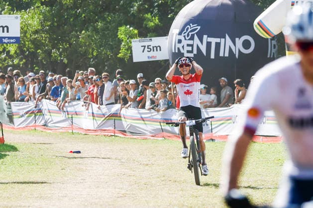 TRENTO, ITALY - AUGUST 30: Cole Punchard from Canada finished in third position an win the bronze medal during the Uci Mountainbike World Championship, WM, Weltmeisterschaft - Men Elite Cross-County World Championships at Val di Sole on August 30, 2026 in Trento, Italy. Trento Val di Sole Trento Italy Copyright: xJustPictures.ch FrancescoxMinghettix jp-en-EuSpIm-JP6_FRM_UCIWC_ManXCO_30Aug_000350