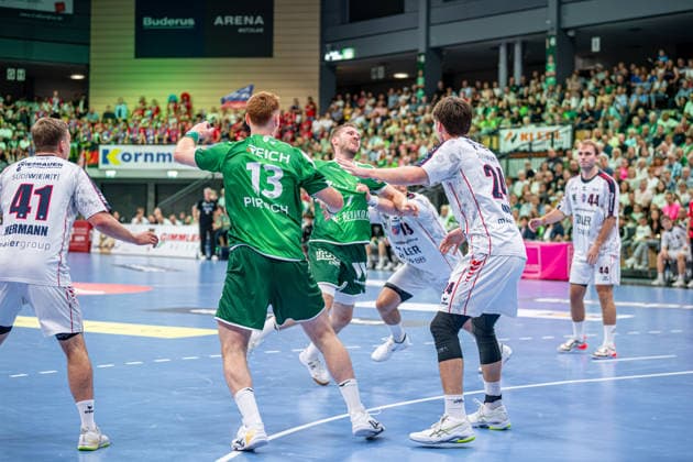 OPEL Handball Bundesliga; HSG Wetzlar - SG BBM Bietigheim, 30.08.26 Dominik Mappes (HSG Wetzlar, 7), Tomas Piroch (HSG Wetzlar, 13), Maxim Orlov (SG BBM Bietigheim, 24), Fabian Wiederstein (SG BBM Bietigheim, 18), Till Hermann (SG BBM Bietigheim, 41), Mathias Larson (SG BBM Bietigheim, 44) OPEL Handball Bundesliga; HSG Wetzlar - SG BBM Bietigheim: Wetzlar, 30.08.26 Copyright: xBEAUTIFULxSPORTS Roeczeyx