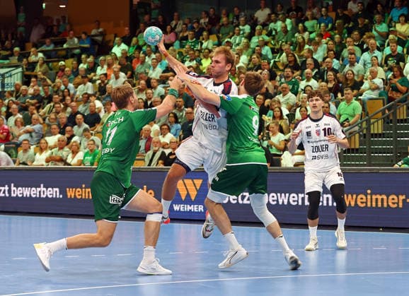 30.08.2026, xovx, Handball Opel Handball-Bundesliga, HSG Wetzlar - SG BBM Bietigheim v.l. Petter Överby (HSG Wetzlar), Mathias Larson (SG BBM Bietigheim), Niklas Theiß (HSG Wetzlar), Jonas Josef (SG BBM Bietigheim) Wetzlar Buderus Arena Hessen Deutschland (DE)
