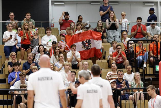 BASKETBALL - FIBA EuroBasket, quali, AUT vs MKD VIENNA,AUSTRIA,30.AUG.26 - BASKETBALL - FIBA EuroBasket 2029 Pre-Qualifier, Austria vs North Macedonia. Image shows fans of AUT.  GEPAxpictures xArminxRauthner