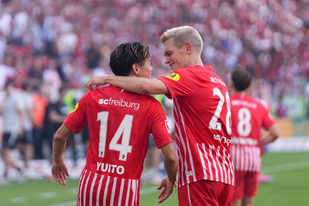 Yuito Suzuki (SC Freiburg, 14), Matthias Ginter (SC Freiburg, 28) Torjubel, Emotionen, Torschuss, Abschluss, Torerfolg, Tor, Treffer , Deutschland, Fussball, 1. Bundesliga, 1.Spieltag, 2026 2027, SC Freiburg vs. SV Werder Bremen, 30.08.2026, Europa-Park Stadion, Freiburg Freiburg Europa-Park Stadion Baden-Württemberg Deutschland *** Yuito Suzuki, SC Freiburg, 14; Matthias Ginter, SC Freiburg, 28; goal celebration, emotions, shot on goal, finish, goal scored, goal, hit, Germany, soccer, Bundesliga 1, Matchday 1, 2026–2027, SC Freiburg vs. SV Werder Bremen, August 30, 2026, Europa-Park Stadium, Freiburg, Freiburg, Europa-Park Stadium, Baden-Württemberg, Germany Copyright: xArnexAmbergx