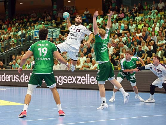 30.08.2026, xovx, Handball Opel Handball-Bundesliga, HSG Wetzlar - SG BBM Bietigheim v.l. Doruk Pehlivan (HSG Wetzlar), Marcus Norrbrink (SG BBM Bietigheim), Georg Löwen (HSG Wetzlar), Niklas Theiß (HSG Wetzlar), Jonathan Fischer (SG BBM Bietigheim) Wetzlar Buderus Arena Hessen Deutschland (DE)