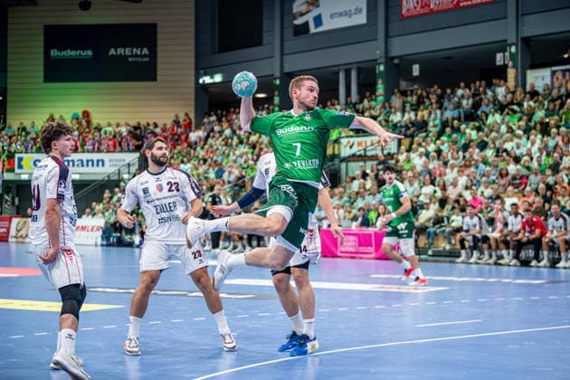 OPEL Handball Bundesliga; HSG Wetzlar - SG BBM Bietigheim, 30.08.26 Dominik Mappes (HSG Wetzlar, 7), Marcus Norrbrink (SG BBM Bietigheim, 23), Jonas Josef (SG BBM Bietigheim, 10), Fynn Nicolaus (SG BBM Bietigheim, 14) OPEL Handball Bundesliga; HSG Wetzlar - SG BBM Bietigheim: Wetzlar, 30.08.26 Copyright: xBEAUTIFULxSPORTS Roeczeyx