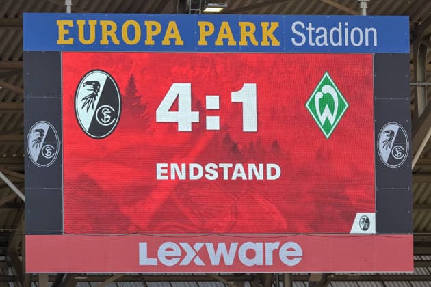 Endstand GER, SC Freiburg vs Werder Bremen, Fussball, Bundesliga, 1. Spieltag, Saison 2026 2027, 30.08.2026 DFL DFB REGULATIONS PROHIBIT ANY USE OF PHOTOGRAPHS AS IMAGE SEQUENCES AND OR QUASI-VIDEO GER, SC Freiburg vs Werder Bremen, Fussball, Bundesliga, 1. Spieltag, Saison 2026 2027, 30.08.2026 Freiburg *** Final Score GER, SC Freiburg vs. Werder Bremen, Soccer, Bundesliga, Matchday 1, 2026–2027 Season, August 30, 2026 DFL DFB regulations prohibit any use of photographs as image sequences and or quasi-video GER, SC Freiburg vs. Werder Bremen, Soccer, Bundesliga, Matchday 1, 2026–2027 Season, August 30, 2026, Freiburg Copyright: xEibner-Pressefotox EP_THS