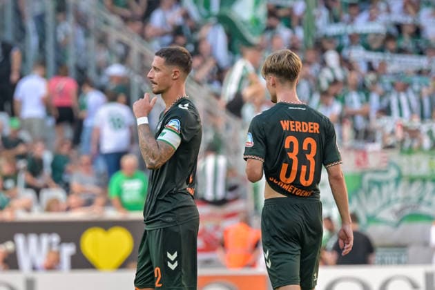 Marco Friedl (SV Werder Bremen, 32), Mick Schmetgens (SV Werder Bremen, 33) nach Spielende GER, SC Freiburg vs Werder Bremen, Fussball, Bundesliga, 1. Spieltag, Saison 2026 2027, 30.08.2026 DFL DFB REGULATIONS PROHIBIT ANY USE OF PHOTOGRAPHS AS IMAGE SEQUENCES AND OR QUASI-VIDEO GER, SC Freiburg vs Werder Bremen, Fussball, Bundesliga, 1. Spieltag, Saison 2026 2027, 30.08.2026 Freiburg *** Marco Friedl, SV Werder Bremen, 32, Mick Schmetgens, SV Werder Bremen, 33, after the game (GER), SC Freiburg vs. Werder Bremen, Soccer, Bundesliga, Matchday 1, 2026–2027 Season, August 30, 2026 DFL and DFB regulations prohibit any use of photographs as image sequences and or quasi-video GER, SC Freiburg vs. Werder Bremen, soccer, Bundesliga, Matchday 1, 2026–2027 season, August 30, 2026, Freiburg Copyright: xEibner-Pressefotox EP_THS