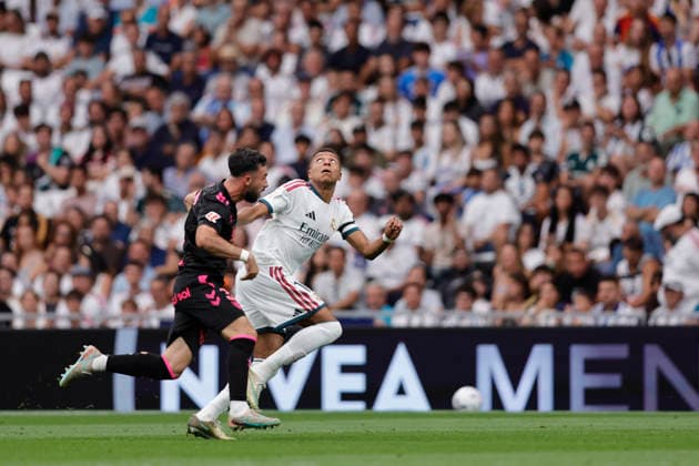 RECORD DATE NOT STATED Kylian Mbappe (Real Madrid CF) seen in action during the LaLiga EA Sports match between Real Madrid CF and Malaga CF at Estadio Santiago BernabÃ u on August 30, 2026 in Madrid, Spain. (Photo by Manu Reino DeFodi Images) -