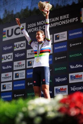 2026 UCI Mountain Bike World Championships Picture by Ed Sykes SWpix.com - 30 08 2026 - Cycling - 2026 UCI Mountain Bike World Championships - Val di Sole, Trentino, Italy - Cross-country Olympic (XCO) - Women Under-23 (U23) Podium - Valentina Corvi (Italy) wins the Gold Medal to become World Champion Copyright: x xSWpix.comx(t axPhotographyxHubxLtd)xEdxSykes SWpix.comx SWP-3030-21648