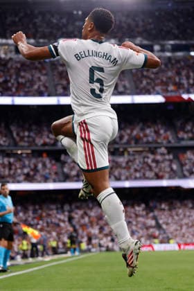 RECORD DATE NOT STATED Jude Bellingham (Real Madrid CF) celebrates after scoring his team˜s first goal during the LaLiga EA Sports match between Real Madrid CF and Malaga CF at Estadio Santiago BernabÃ u on August 30, 2026 in Madrid, Spain. (Photo by Manu Reino DeFodi Images) -