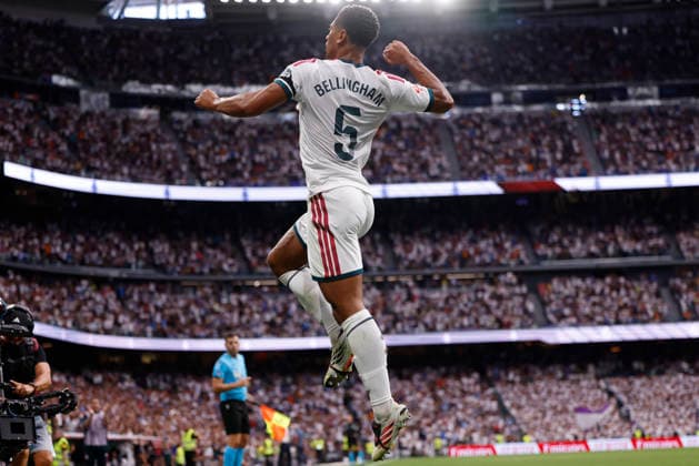 RECORD DATE NOT STATED Jude Bellingham (Real Madrid CF) celebrates after scoring his team˜s first goal during the LaLiga EA Sports match between Real Madrid CF and Malaga CF at Estadio Santiago BernabÃ u on August 30, 2026 in Madrid, Spain. (Photo by Manu Reino DeFodi Images) -