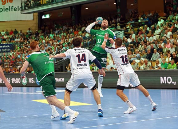 30.08.2026, xovx, Handball Opel Handball-Bundesliga, HSG Wetzlar - SG BBM Bietigheim v.l. Tomas Piroch (HSG Wetzlar), Fynn-Luca Nicolaus (SG BBM Bietigheim), Nikolaj Laesö (HSG Wetzlar), Fabian Wiederstein (SG BBM Bietigheim) Wetzlar Buderus Arena Hessen Deutschland (DE)