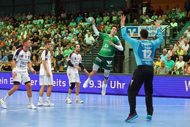 30.08.2026, xovx, Handball Opel Handball-Bundesliga, HSG Wetzlar - SG BBM Bietigheim v.l. Fabian Wiederstein (SG BBM Bietigheim), Marcus Norrbrink (SG BBM Bietigheim), Dominik Claus (SG BBM Bietigheim), Marti Soler (HSG Wetzlar), Martin Tomovski (SG BBM Bietigheim) Wetzlar Buderus Arena Hessen Deutschland (DE)