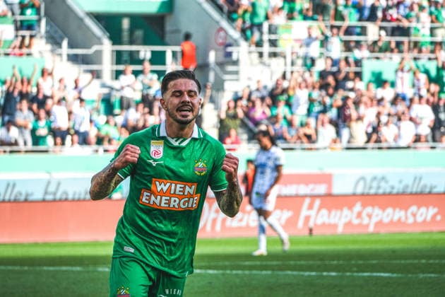 Fussball: Österreich: ADMIRAL Bundesliga 2026 2027 - 5. Runde, 30.08.2026 - SK Rapid Wien vs. SK Sturm Graz - Weststadion - Allianz Stadion (Wien, Österreich); Marco Tilio (SK Rapid Wien) mit dem Tor zum 2:1 - Jubel, Torjubel Copyright: xLukasxBierederx