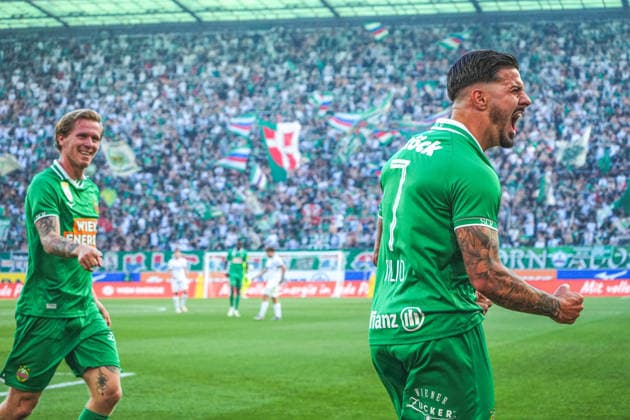 Fussball: Österreich: ADMIRAL Bundesliga 2026 2027 - 5. Runde, 30.08.2026 - SK Rapid Wien vs. SK Sturm Graz - Weststadion - Allianz Stadion (Wien, Österreich); Marco Tilio (SK Rapid Wien) mit dem Tor zum 2:1 - Jubel, Torjubel Copyright: xLukasxBierederx