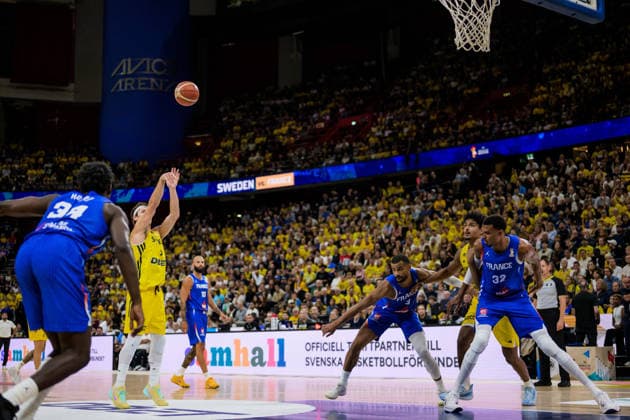 260830 Pelle Larsson of Sweden during the FIBA World Cup Qualifier basketball game between Sweden and France on August 30, 2026 in Stockholm. Photo: Joel Marklund BILDBYRAN kod JM JM0848 bbeng basket basketball vm-kval fiba world cup qualifiers sverige sweden frankrike france Copyright: JOELxMARKLUND BB260830JM022