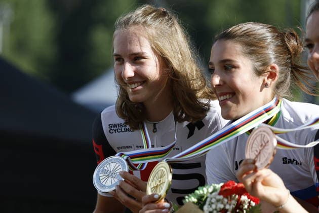 30.08.2026, Daolasa di Commezzadura, Val di Sole Bikeland, 2026 UCI MTB World Championship, WM, Weltmeisterschaft Men U23 s XCO (cross country olympic) Anina Hutter from Switzerland, 2nd place and silver medal and Valentina Corvi from Italy, 1st place, World Champion and gold medal of the Women U23 s Cross Country Olympic World Championships 2026 Daolasa di Commezzadura Val di Sole Bikeland Trento Italy Copyright: xJustPictures.ch FrancescoxMinghettix jp-en-FrMi-_NG_2508