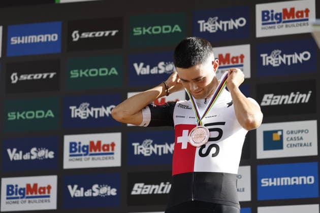 30.08.2026, Daolasa di Commezzadura, Val di Sole Bikeland, 2026 UCI MTB World Championship, WM, Weltmeisterschaft Men U23 s XCO (cross country olympic) Nicolas Halter from Switzerland, 3rd place and bronze medal of the Men U23 s Cross Country Olympic World Championships 2026 Daolasa di Commezzadura Val di Sole Bikeland Trento Italy Copyright: xJustPictures.ch FrancescoxMinghettix jp-en-FrMi-_NG_2561