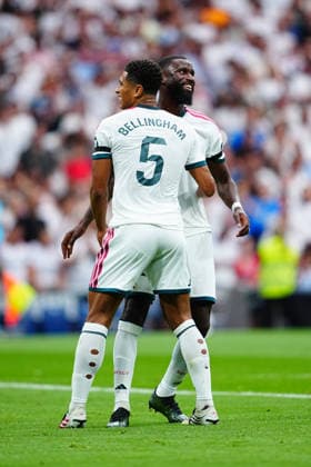 Real Madrid v Malaga - LaLiga EA Sports 2026 27 Jude Bellingham of Real Madrid CF celebrates after scoring his team s second goal with Antonio Rüdiger of Real Madrid CF during the LaLiga EA Sports 2026 27 match between Real Madrid CF and Malaga CF at Santiago Bernabeu on August 30, 2026 in Madrid, Spain. Madrid Santiago Bernabeu Madrid Spain Copyright: xGokhanxTanerx xPSxImagesxGokhanxTanerx
