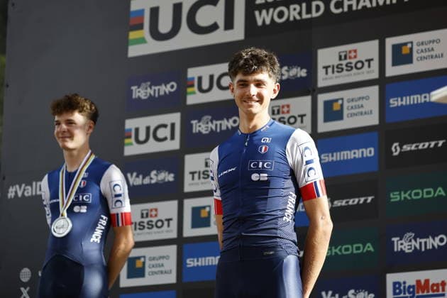 30.08.2026, Daolasa di Commezzadura, Val di Sole Bikeland, 2026 UCI MTB World Championship, WM, Weltmeisterschaft Men U23 s XCO (cross country olympic) Alix Andre Gallis from France, 2nd place and silver medal and Nael Rouffiac from France, 1st place, World Champion and gold medal of the Men U23 s Cross Country Olympic World Championships 2026 Daolasa di Commezzadura Val di Sole Bikeland Trento Italy Copyright: xJustPictures.ch FrancescoxMinghettix jp-en-FrMi-_NG_2604
