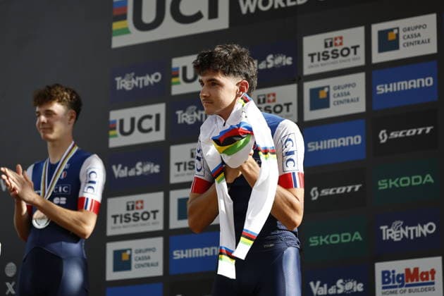 30.08.2026, Daolasa di Commezzadura, Val di Sole Bikeland, 2026 UCI MTB World Championship, WM, Weltmeisterschaft Men U23 s XCO (cross country olympic) Nael Rouffiac from France, 1st place, World Champion and gold medal of the Men U23 s Cross Country Olympic World Championships 2026 Daolasa di Commezzadura Val di Sole Bikeland Trento Italy Copyright: xJustPictures.ch FrancescoxMinghettix jp-en-FrMi-_NG_2607