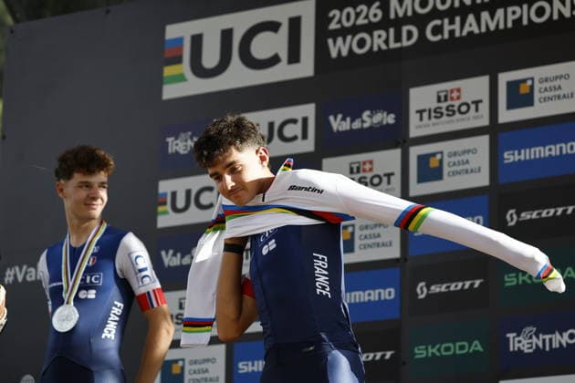 30.08.2026, Daolasa di Commezzadura, Val di Sole Bikeland, 2026 UCI MTB World Championship, WM, Weltmeisterschaft Men U23 s XCO (cross country olympic) Nael Rouffiac from France, 1st place, World Champion and gold medal of the Men U23 s Cross Country Olympic World Championships 2026 Daolasa di Commezzadura Val di Sole Bikeland Trento Italy Copyright: xJustPictures.ch FrancescoxMinghettix jp-en-FrMi-_NG_2611