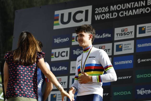 30.08.2026, Daolasa di Commezzadura, Val di Sole Bikeland, 2026 UCI MTB World Championship, WM, Weltmeisterschaft Men U23 s XCO (cross country olympic) Nael Rouffiac from France, 1st place, World Champion and gold medal of the Men U23 s Cross Country Olympic World Championships 2026 Daolasa di Commezzadura Val di Sole Bikeland Trento Italy Copyright: xJustPictures.ch FrancescoxMinghettix jp-en-FrMi-_NG_2626
