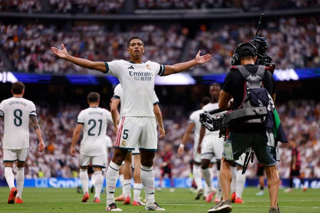 RECORD DATE NOT STATED Jude Bellingham (Real Madrid CF) celebrates after scoring his team˜s first goal during the LaLiga EA Sports match between Real Madrid CF and Malaga CF at Estadio Santiago BernabÃ u on August 30, 2026 in Madrid, Spain. (Photo by Manu Reino DeFodi Images) -