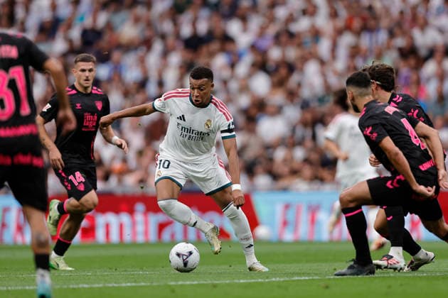 RECORD DATE NOT STATED Kylian Mbappe (Real Madrid CF) controls the ball during the LaLiga EA Sports match between Real Madrid CF and Malaga CF at Estadio Santiago BernabÃ u on August 30, 2026 in Madrid, Spain. (Photo by Manu Reino DeFodi Images) -