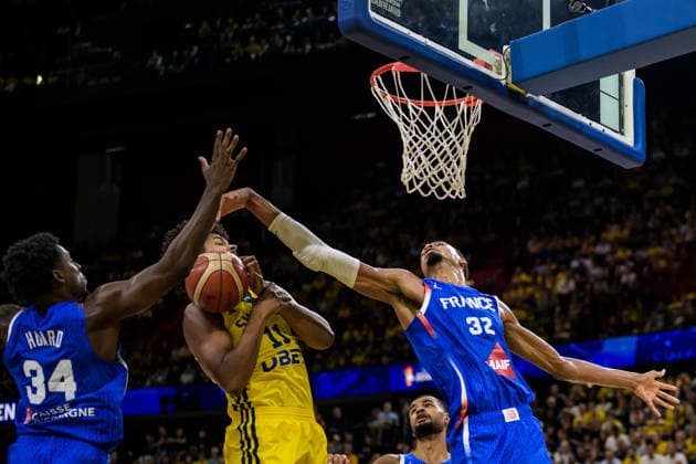 260830 Kenny Pohto of Sweden and Jaylen Hoard and Victor Wembanyama of France during the FIBA World Cup Qualifier basketball game between Sweden and France on August 30, 2026 in Stockholm. Photo: Joel Marklund BILDBYRAN kod JM JM0848 bbeng basket basketball vm-kval fiba world cup qualifiers sverige sweden frankrike france Copyright: JOELxMARKLUND BB260830JM025