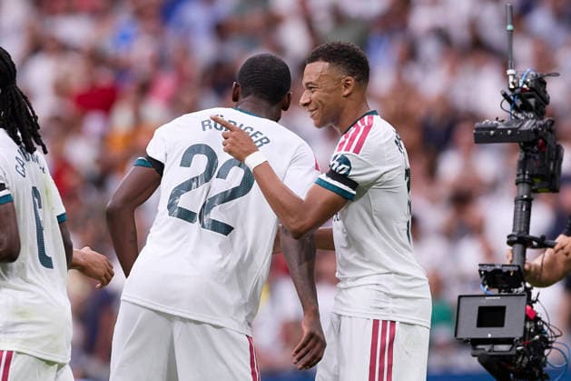 ESP: LaLiga EA Sports Real Madrid v Malaga CF Kylian Mbappe of Real Madrid scores goal and celebrates Antonio Rudiger of Real Madrid during LaLiga EA Sports match between Real Madrid v Malaga CF played at Bernabeu Stadium, Madrid on August 30 2026 in Spain Madrid Spain Soccer Copyright: xAgenciaxLOFx
