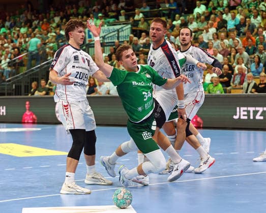 30.08.2026, xovx, Handball Opel Handball-Bundesliga, HSG Wetzlar - SG BBM Bietigheim v.l. Jonas Josef (SG BBM Bietigheim), Paul Kompenhans (HSG Wetzlar), Fabian Wiederstein (SG BBM Bietigheim), Dominik Claus (SG BBM Bietigheim) Wetzlar Buderus Arena Hessen Deutschland (DE)