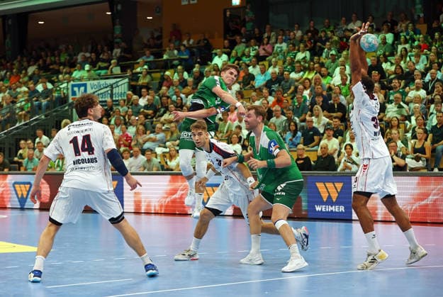 30.08.2026, xovx, Handball Opel Handball-Bundesliga, HSG Wetzlar - SG BBM Bietigheim v.l. Fynn-Luca Nicolaus (SG BBM Bietigheim), Paul Kompenhans (HSG Wetzlar), Nikola Vlahovic (SG BBM Bietigheim), Petter Överby (HSG Wetzlar), Djibril M Bengue (SG BBM Bietigheim) Wetzlar Buderus Arena Hessen Deutschland (DE)