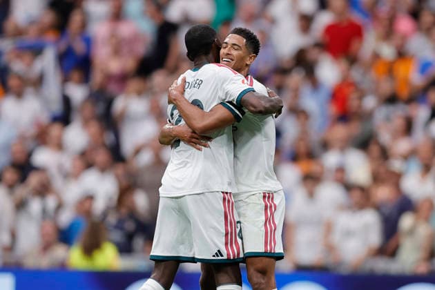 RECORD DATE NOT STATED Jude Bellingham (Real Madrid CF) celebrates after scoring his team˜s second goal with team mates during the LaLiga EA Sports match between Real Madrid CF and Malaga CF at Estadio Santiago BernabÃ u on August 30, 2026 in Madrid, Spain. (Photo by Manu Reino DeFodi Images) -