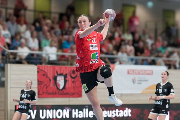 Emma Hertha (Halle, 17), SV Union Halle-Neustadt vs. TuS Metzingen, 1. Handball Bundesliga Frauen, Saison 2026 27, 30.08.2026 Halle SWH Arena Sachsen-Anhalt Deutschland