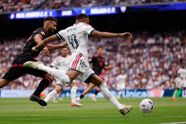 RECORD DATE NOT STATED Kylian Mbappe (Real Madrid CF) shoot during the LaLiga EA Sports match between Real Madrid CF and Malaga CF at Estadio Santiago BernabÃ u on August 30, 2026 in Madrid, Spain. (Photo by Manu Reino DeFodi Images) -