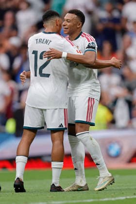 RECORD DATE NOT STATED Kylian Mbappe (Real Madrid CF) celebrates after scoring his team˜s third goal with team mates during the LaLiga EA Sports match between Real Madrid CF and Malaga CF at Estadio Santiago BernabÃ u on August 30, 2026 in Madrid, Spain. (Photo by Manu Reino DeFodi Images) -