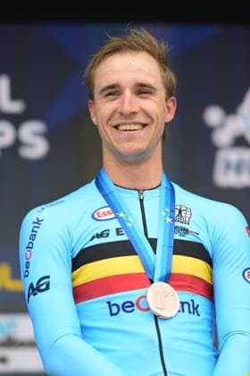Belgian Niels Vandeputte of Alpecin-Premier Tech , winner of the silver medal pictured on the podium of the UEC Gravel European Championships in Houffalize (138 km), on Sunday 30 August 2026. DAVIDxPINTENS  x184753618x