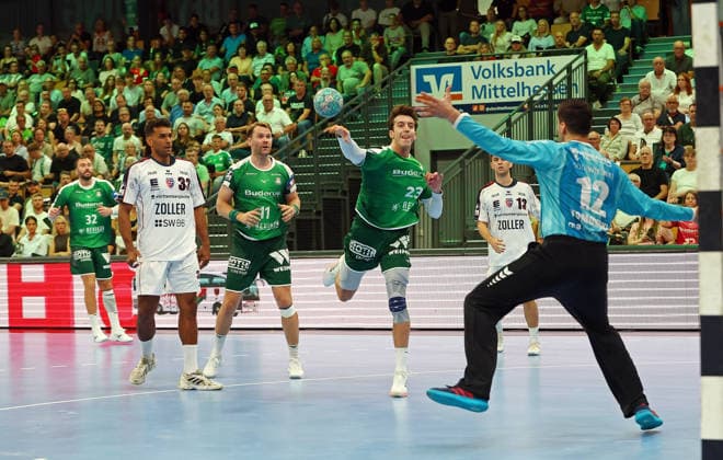 30.08.2026, xovx, Handball Opel Handball-Bundesliga, HSG Wetzlar - SG BBM Bietigheim v.l. Nikolaj Laesö (HSG Wetzlar), Djibril M Bengue (SG BBM Bietigheim), Petter Överby (HSG Wetzlar), Marcus Norrbrink (SG BBM Bietigheim), Nikola Vlahovic (SG BBM Bietigheim), Martin Tomovski (SG BBM Bietigheim) Wetzlar Buderus Arena Hessen Deutschland (DE)