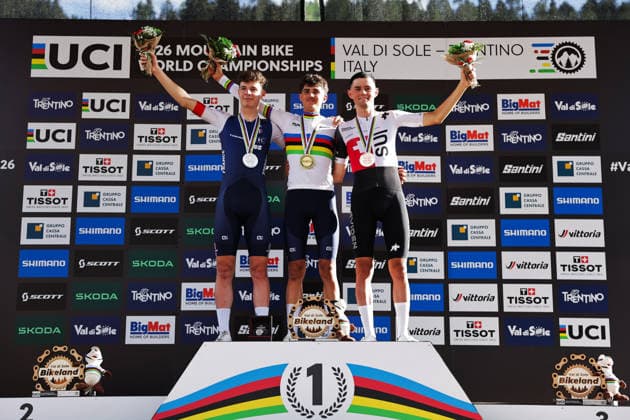 2026 UCI Mountain Bike World Championships Picture by Alex Whitehead SWpix.com - 30 08 2026 - Cycling - 2026 UCI Mountain Bike World Championships - Val di Sole, Trentino, Italy - Men Under-23 (U23) Podium - Nael Rouffiac (France) wins the Gold Medal to become World Champion with Alix Andre Gallis (France) receiving the Silver Medal and Nicolas Halter (Switzerland) receiving the Bronze Medal Copyright: x xSWpix.comx(t axPhotographyxHubxLtd)xAlexxWhitehead SWpix.comx SWP-3030-21690