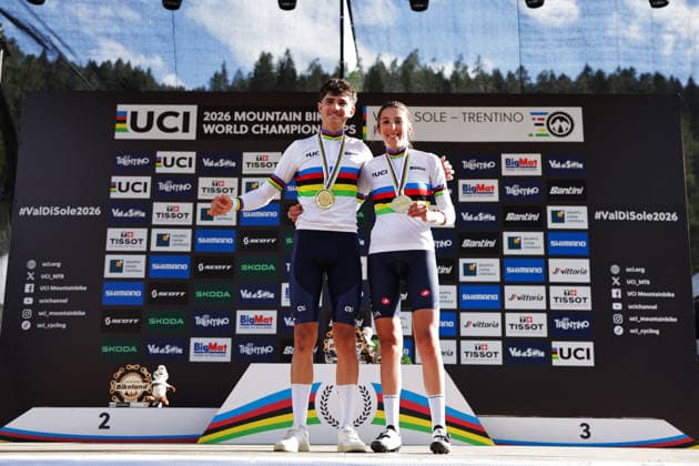 2026 UCI Mountain Bike World Championships Picture by Alex Whitehead SWpix.com - 30 08 2026 - Cycling - 2026 UCI Mountain Bike World Championships - Val di Sole, Trentino, Italy - Cross-country Olympic (XCO) - Men + Women Under-23 (U23) Podium - Nael Rouffiac (France) wins the Gold Medal to become World Champion and Valentina Corvi (Italy) wins the Gold Medal to become World Champion Copyright: x xSWpix.comx(t axPhotographyxHubxLtd)xAlexxWhitehead SWpix.comx SWP-3030-21692