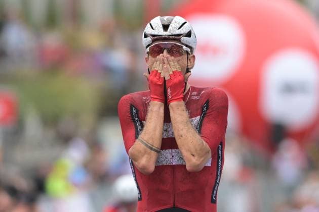 Danish SCHMIDT Mads Würtz celebrates as he crosses the finishlin of the UEC Gravel European Championships in Houffalize (138 km), on Sunday 30 August 2026. DAVIDxPINTENS  x184758296x