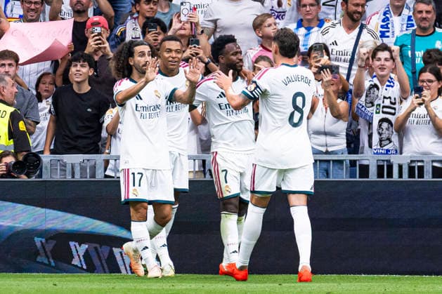 ESP: Real Madrid CF v Malaga CF - La Liga EA Sports Kylian Mbappe of Real Madrid celebrates his goal during La Liga EA Sports match between Real Madrid and Malaga CF at Estadio Santiago Bernabeu on August 30, 2026 in Madrid, Spain. Madrid Madrid Spain Football Copyright: xAlejandroxMatiasx