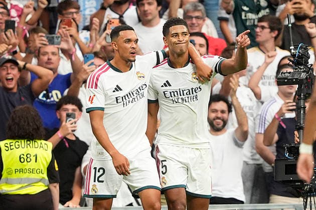 REAL MADRID CF v MALAGA CF. LA LIGA 2026 2027. ROUND 3. Real Madrid CF™s Trent Alexander-Arnold and Jude Bellingham celebrate goal during La Liga match. August 30, 2026. (ALTERPHOTOS Acero) MadridSpain  Copyright: xAcerox