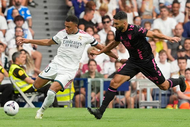 REAL MADRID CF v MALAGA CF. LA LIGA 2026 2027. ROUND 3. Real Madrid CF™s Kylian Mbappe (l) and Malaga CF s Einar Galilea during La Liga match. August 30, 2026. (ALTERPHOTOS Acero) MadridSpain  Copyright: xAcerox