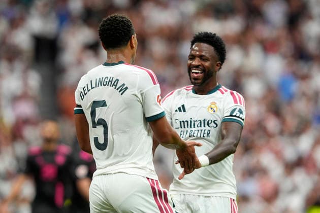 REAL MADRID CF v MALAGA CF. LA LIGA 2026 2027. ROUND 3. Real Madrid CF™s Jude Bellingham and Vinicius Junior celebrate goal during La Liga match. August 30, 2026. (ALTERPHOTOS Acero) MadridSpain  Copyright: xAcerox
